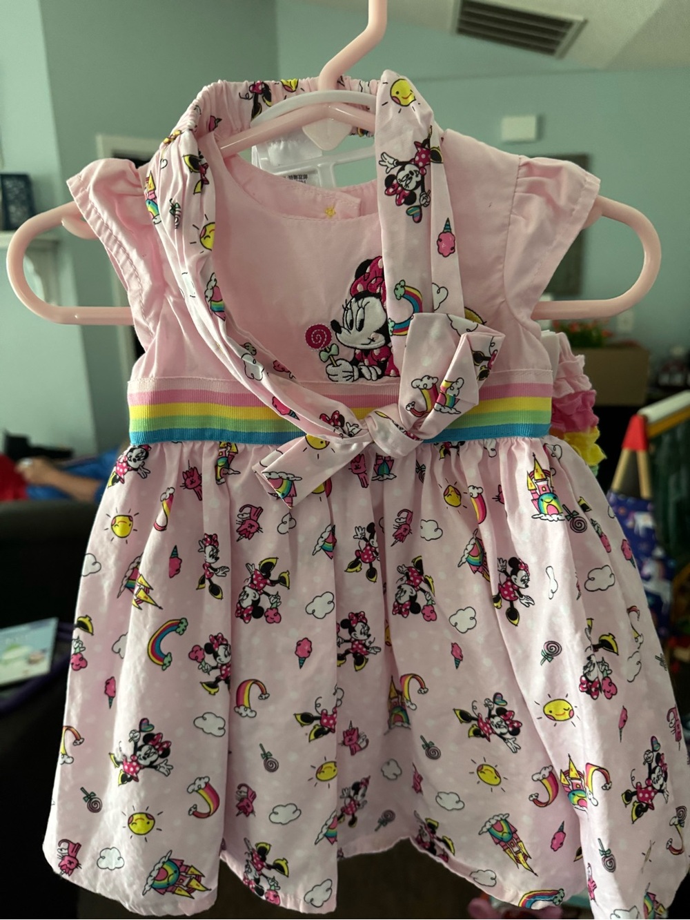 Disney Minnie Mouse Pink Rainbow Trim Girls Dress with Bloomers & Headband NWOT